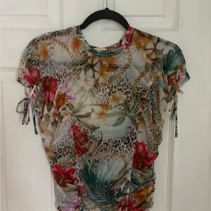 Guess Sheer Floral Short Sleeve Blouse in Red, Green, Gold